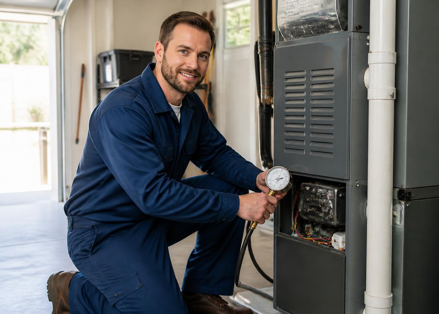 Owens Heating and Cooling technician servicing a home furnace